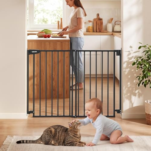 VEVOR Barrera de Seguridad para Niños, Ancho Ajustable de 720-1085 mm, Alto de 920 mm, Puertas de Seguridad para Gatos y Perros, Doble Bloqueo y Cierre Automático, para Escaleras Dormitorio, Negro