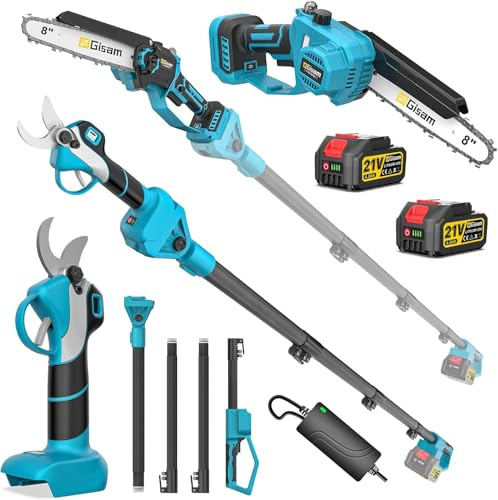Mini TronçOnneuse Et SéCateur éLectrique 4 En 1 Avec Batterie 2 X 4,0 Ah, Barre D'Extension Jusqu'à 4,2 M, Moteur Sans Balais, Scie D'éLagage éLectrique Pour Branches D'Arbre