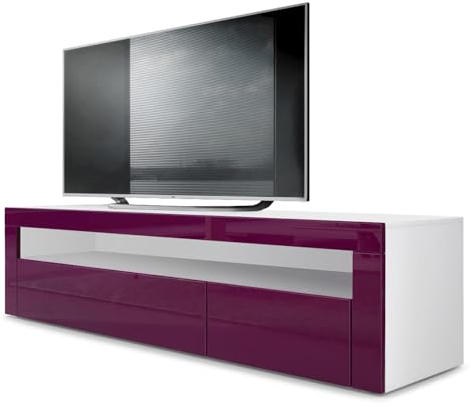 Vladon Lowboard Valencia, Made in Germany, TV-Kommode mit 1 offenem Fach und 2 Klappen, Weiß matt/Brombeer Hochglanz/Brombeer Hochglanz (155 x 46 x 40 cm)