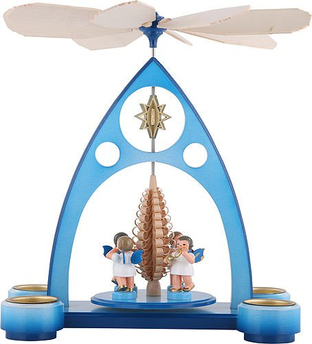 Uhlig Teelichtpyramide blau mit 4 Engel Bläser Erzgebirge
