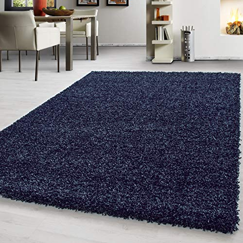 Teppium Moderner Hochflor Teppich Wohnzimmer 120 x 170 cm Marineblau - Shaggy Flauschiger Teppich, Extra Weich, Pflegeleicht und Einfarbig - für Schlafzimmer, Küche und Esszimmer