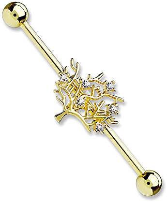 Autiga Industrial Stab Piercing Ohr Stecker Lebensbaum Tree of Life Zirkonia Kristalle Straight Barbell Hantel Gold