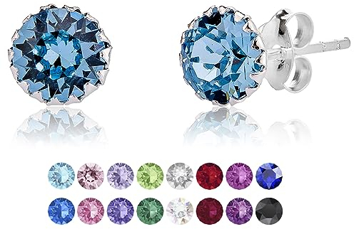 DTPSilver - Damen Ohrringe 925 Sterling Silber mit Kristallen von Swarovski® Elements 6 mm Runde Ohrstecker - Farbe : Aquamarin