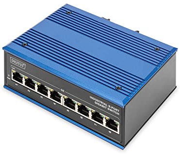 DIGITUS Switch di rete - Gigabit Ethernet 8 porte - Montaggio su DIN rail - Morsettiera - Senza ventole - Nero/blu