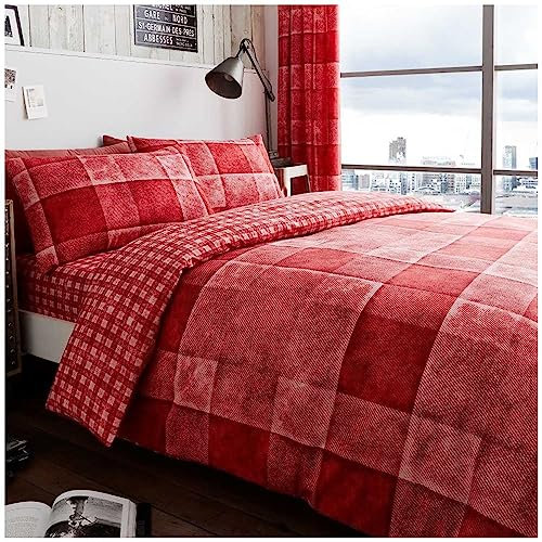 GC GAVENO CAVAILIA Denim Check Duvet Cover Double Bed, Breathable Tartan Bedding Sets Soft Reversible Checkered Quilt Cover Bed Set With Pillowcases, Red