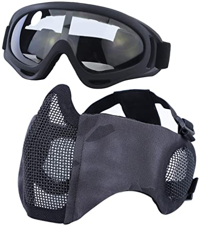 Yzpacc Taktische Airsoft Maskenbrille Set, Verstellbare Halbgesichtsmaske mit Ohrenschutz, Anti-UV, Airsoft Gläser, Augenschutz für Airsoft/BB/CS-Spiele/Jagd/Paintball/Shooting (TY)