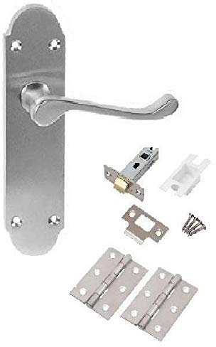 Golden Grace Epsom Design Victorian Scroll Door Handles on Shaped Backplate in Brushed Satin Chrome with Hinges and Latches, 1 Set