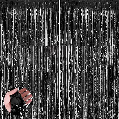 Aisszhao 2 Stück Schwarz Lametta Vorhänge,Metallische Folie Fransen Vorhang Funkeln Vorhängen Dekoration für Geburtstagsfeier Abschlussfeier Hochzeitsfoto Hintergrund Halloween Disco Party(1m x 2m)