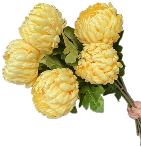 Gladiolus garden Künstliche runde Ananas-Chrysanthemen-Zweige mit grünen Blättern, künstlicher großer Callistephus Chinensis für Blumenarrangement, Gelb, 5 Stück
