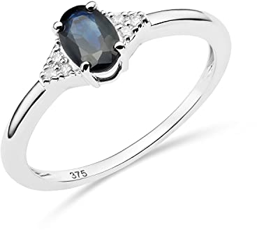 Miore Schmuck Damen 0.03 Ct Diamant Verlobungsring mit Edelstein Geburtsstein natürlicher ovaler blauer Saphir und 6 Diamanten Brillanten Diamantring aus Weißgold 9 Karat (375) Gold