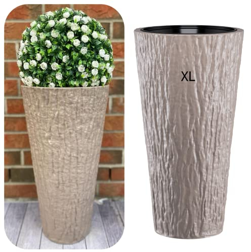 MELTOM Pot de Fleur décoratif Rond, Fin et Haut, Effet écorce 3D avec Insert Amovible (Taupe, XL - 57 cm)
