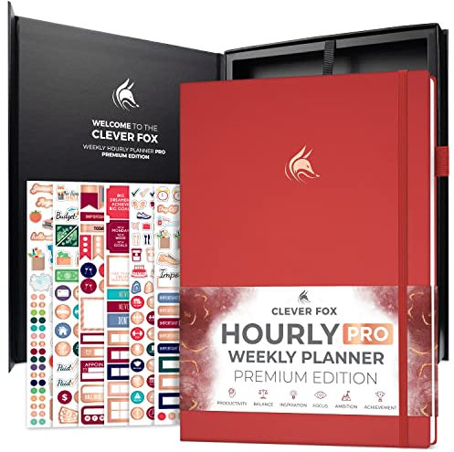 Clever Fox Stundenplaner PRO Premium – undatierter Terminplaner mit täglichen Zeitschlitzen – persönliches Organizer-Notizbuch für Zeitmanagement – Wochen- und Monats-Journal, A4-Größe (rot)