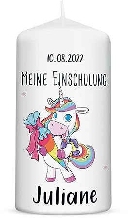 GRAVURZEILE Bedruckte Kleine Kerze - Einschulungskerze Pferde - Personalisiert mit Name & Datum - brilliant bedruckte Kerze zur Einschulung - Geschenk zum Schulanfang - Farbe Einhorn