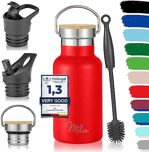 Milu Stainless Steel Drinking Bottle 350ml, 500ml, 750ml, 1l (+3 Lids) - Thermo Bottle with Straw, Water Bottle, for Hot, Cold & Carbonated Drinks (Red, 350ml)