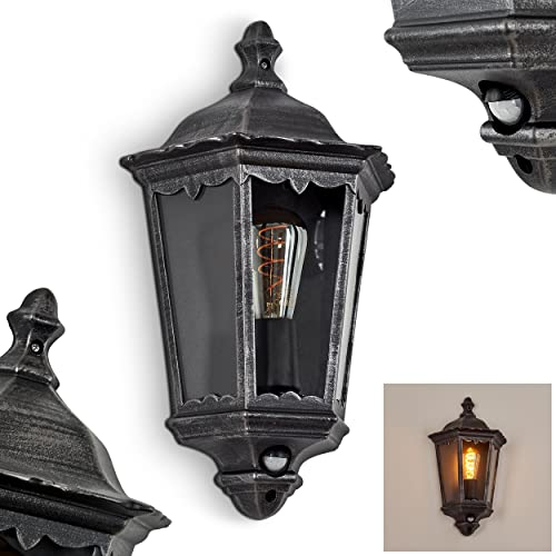 Außenwandleuchte Hongkong m. Bewegungsmelder, Wandlampe in antikem Look, Metall/Glas in Schwarz-Silber/Klar, Retro/Vintage Wandleuchte, E27-Fassung, für Terrasse/Hof/Eingangsbereich, ohne Leuchtmittel