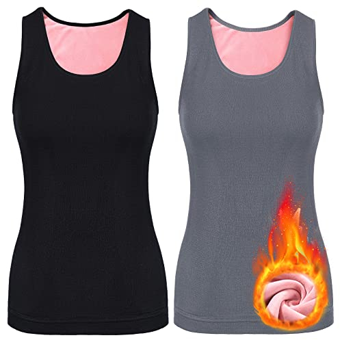 2 Stück Damen Innenfleece Tank Tops Ärmellos Thermounterwäsche Thermo Unterhemd Baumwolle Thermo Shirts (Schwarz, Grau, M)