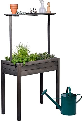 dobar® 58257FSCe Hochbeet Florenz Massiv-Holz | Salatbeet mit erhöhter Ablage | Balkonbeet Schmal | Erhöhtes Gemüsebeet inklusive Pflanzvlies | 80 x 40 x 145 cm | Anthrazit