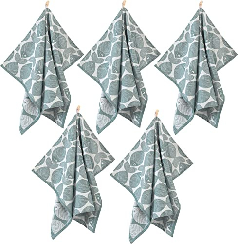 ZWOLTEX 5er Set Jacquard Geschirrtücher/Geschirrtuch | Küchentuch | Abtrockentuch | saugstarke Baumwolle I Sammlung Premium Geschirrtücher - 5x Fish L Türkis (50x70)
