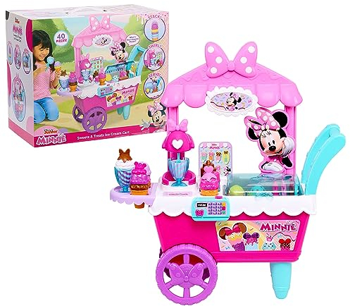Minnie Disney Junior Mouse Sweets & Treats Chariot à crème glacée roulante de 60 cm de Haut, 39 pièces, Ensemble de Nourriture pour Jeu de Simulation