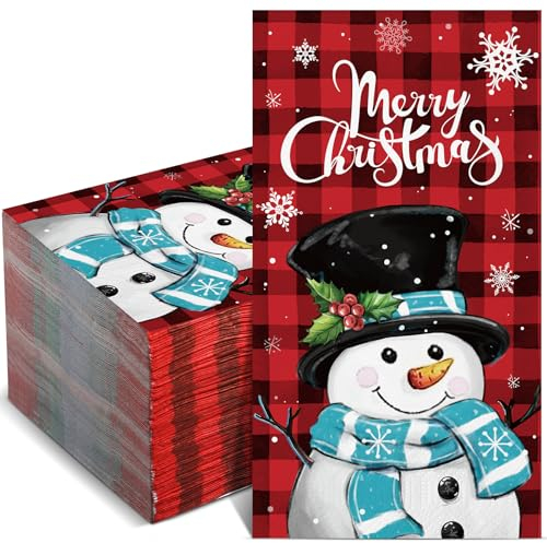Funrous 100 Packungen Weihnachten Schneemann Papier Gästeservietten 3-lagig Plaid Weihnachten Gäste Handtuch Servietten Let It Snow Winter Schneeflocken Cocktail Getränke Einweg-Servietten für Xmas