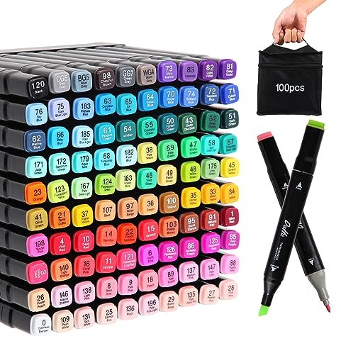 Kebuye Alkohol Marker Set, Alcohol Twin Marker 100 Farben, Meißel & Feine Verdoppelt Spitzt Alkohol Permanenter Marker Graffiti Stifte für Manga, Design, Malerei, Zeichnung