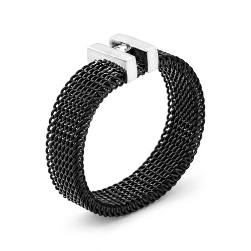 meditoys Edelstahlring mit Kristall, 5 mm breiter Damenring aus Edelstahl-Mesh, Größe: 69 (22.0), Farbe: Schwarz, robust und kratzfest