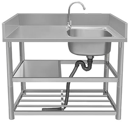 Stainless Steel Kitchen Sink Commercial Sink Single Bowl 304 Stainless Steel Commercial Kitchen Sinks with Faucet and Storage Shelves with Workbench and Drainer Unit for Outdoor Indoor Restaurant (Co