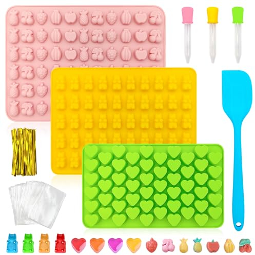 Kisvic 3 Stück Gummibärchen Form, Wiederverwendbare Antihaft Silikon Schokoladenform, Herz SüßIgkeiten Silikonform mit 3 Pipetten, Gummibärchen Selber Machen für Gelee, Schokolade