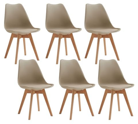 TTATC Set di 6 Sedie da Sala da Pranzo con Gambe in Legno Massello di Faggio, Sedie da Cucina dal Design retrò Sedie da Ufficio in Legno con Seduta Imbottita,Cachi