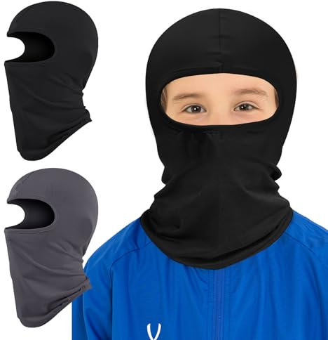 Confezione da 2 passamontagna per bambini, sottile, per casco e collo, per ragazzi e ragazze, leggera, scaldacollo per sci, ciclismo, pesca, nero + grigio scuro, Taglia unica