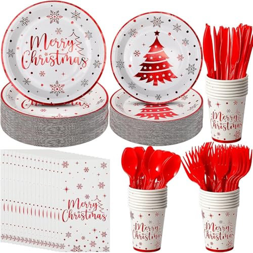 KAHEIGN 175 Piezas Vajilla de Papel para Fiestas Navideñas, 25 x Platos de Comida & Platos de Ensalada, 25 x Vasos de 270ml, 25 x Servilletas, 25 x Reutilizables Cuchillos, Tenedores y Cucharas