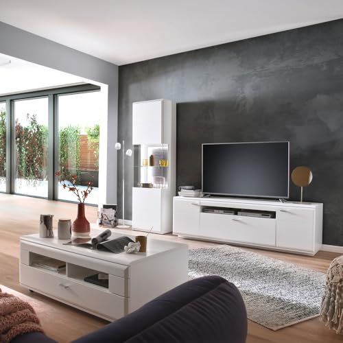 Lomadox Wohnwand TV-Wand weiß matt modern 3-teilig mit 1 Lowboard, 1 Vitrine, 1 Couchtisch