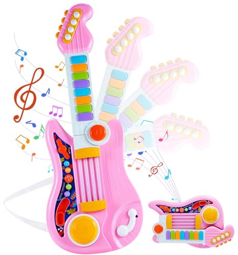 Herenear 2 en 1 Guitare et Piano pour Enfants avec Sangle - Jouet Éducatif Multifonctionnel pour Tout-Petits de 3 à 5 Ans - Cadeau (Rose)
