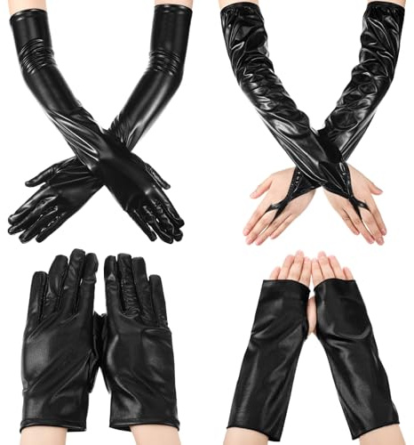 SATINIOR 4 Paar Damen Handschuhe Set – Lange Opernhandschuhe & Fingerlose Wet-Look Lackleder Handschuhe – Sexy Kostüm Zubehör für Karneval, Fasching, Disco & Mottoparty(Schwarz)