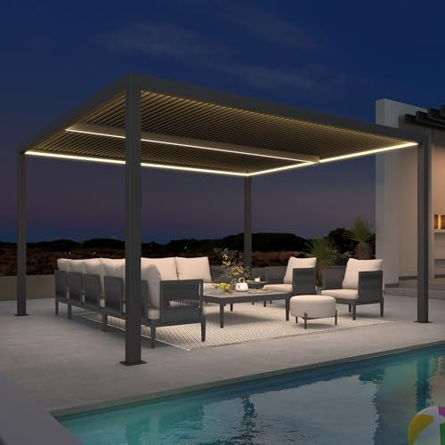 PURPLE LEAF Pergola 3.65 x 4.25 m Lamellenpergola mit LED-Beleuchtung Alu Pergola Freistehend mit Verstellbaren Aluminium-Lamellen Wasserdicht Stabil Winterfest für Gartren, Grau