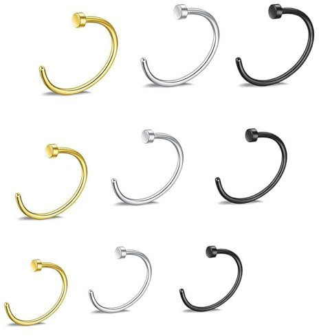LIURFLNC 9 Stück Fake Nose Ring, Fake Nasenpiercing, Fake Nasenring, Fake Piercing Set, Nasen Nasenpircing, No Nadel Ohrring Nasenpiercing Fake für Nostril,Brüste,Ohr Lippe(Gold Silber Schwarz)