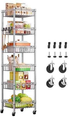 Uptyia Carrito Auxiliar de 6 Niveles con Ruedas,Carrito Auxiliar de Cocina con Cajones,Organizador Multifuncional de Cestas para Frutas y Verduras, para Cocina, Baño y Sala de Estar,Plata,34×34×156cm