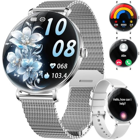 LIGE 2025 Smartwatch Damen, 1,43 HD AMOLED Kreisbogen Display Silber Armbanduhr mit Telefonfunktion, Menstruationszyklus/Herzfrequenz, IP68 Wasserdicht 120+ Sportmodi Sportuhr für Andriod iOS