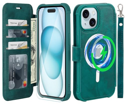 VANAVAGY Compatible for iPhone 15 Plus/14 Plus Wallet Case for Magsafe Wireless Charging,Leather Flip Wrist with RFID Blocking Card Holder,Midnight Green