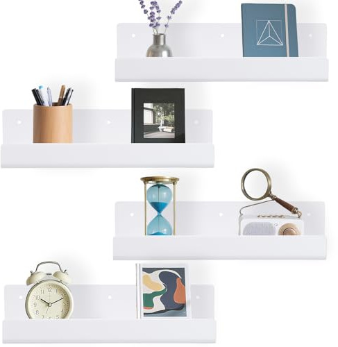 Loppdece 4er Set Wandregal Ohne Bohren, Regal Zum Kleben, Weiß, 38x10x5 cm | Kunststoff Schweberegal, Dekorative Wandregale, for Wanddekoration Schlafzimmer Wohnzimmer Badezimmer Küche