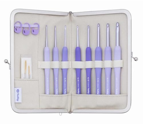 Tulip Etimo Murasaki Häkelnadel-Set - 8 Softgrip-Aluminiumhaken (2.00-6.00mm), Ergonomischer Griff, Wollnadeln und Maschenmarkierer, Lila - 1 Set