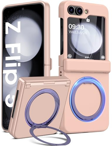 für Samsung Galaxy Z Flip 5 Hülle mit Ständer [Scharnierschutz] [Mit Displayschutz] Kabelloses Laden, Anti-Fingerabdruck, Stoßfest Schutzhülle, Galaxy Z Flip 5 5G Handyhülle Mit 360 Grad Ring Ständer