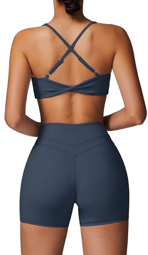 IDOPIP Sport Set Damen für Fitness: Gym Set 2 teilig mit V-Ausschnitt Twist zurück BH und Leggings kurz - Sommer Sportkleidung für Yoga, Pilates und Workout marineblau M