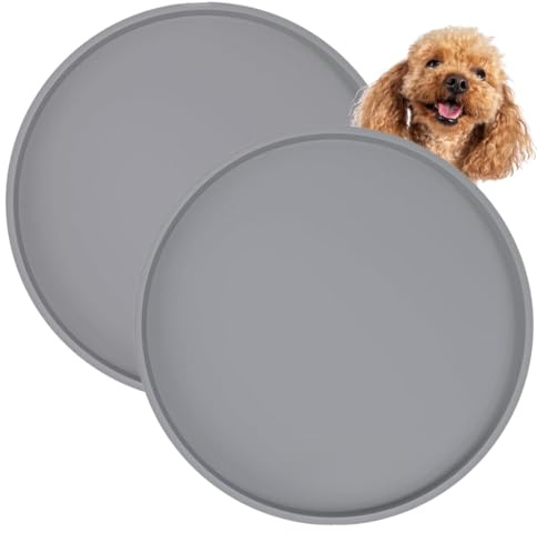 Tapis Gamelle Chien Rond 25 cm (Lot de 2) - Tapis pour Gamelle en Silicone avec Rebords, Antidérapant, Étanche et Facile à Nettoyer, sans BPA - Design Minimaliste Gris