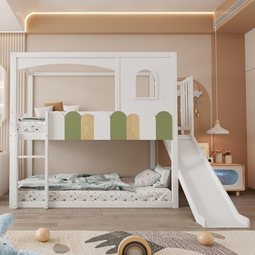 Merax Letto a castello 90 × 200 cm, letto a castello con finestra, culla con scivolo e scala, letto a soppalco con area giochi flessibile inferiore, telaio in legno massello, bianco (senza materasso)