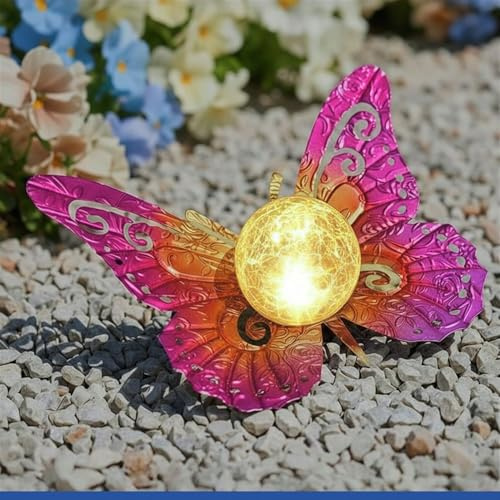Maximex LED Solarlampe Schmetterling, Dämmerungssensor, wetterfest, Solarlicht für Garten und Balkon, 35 x 11,5 x 27,5 cm, Metall, Pink/Gold