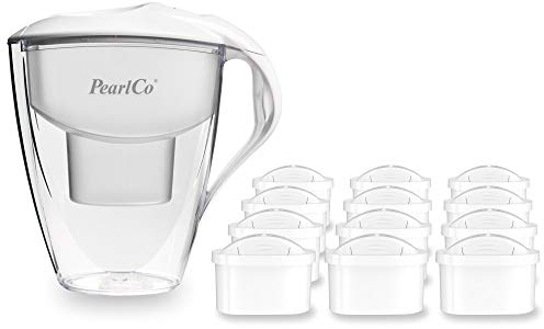 PearlCo, caraffa filtrante Astra, con confezione annuale con 12 filtri unimax (compatibili con Brita Maxtra). bianco