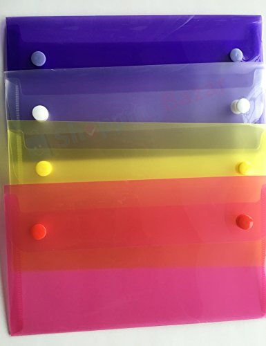 DL Clear Plastic Document Wallets Envelope with Stud Closing Buttion - Pack of 4 Folders Assorted Colours