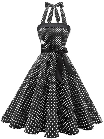Timormode Damen Vintage Cocktailkleid Knielang Neckholder Swing Retro Rockabilly Kleid M Klein Schwarz Weiß