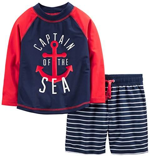 Simple Joys by Carter's Baby Boys' Swimsuit Trunk and Rashguard Set Rash Guard, Navy Red Anchor/White Stripes, 18 Months